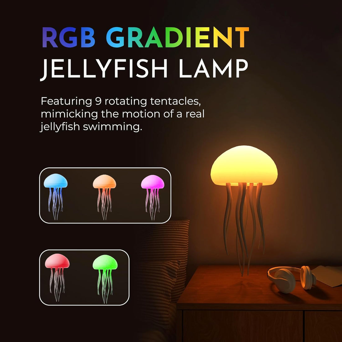 LED Jellyfish Table Lamp, RGB Gradient Jellyfish Bedside Lamp, Intelligent Jellyfish Lamp for Bedroom, Children's Room, Children, Adults