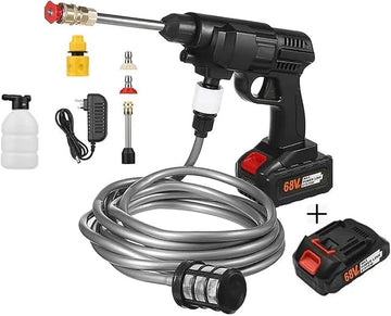 68V Portable Battery, Car Wash, Cordless Gun for Home Use for Effective Cleaning of Bikes, Motorcycles, Cars, Floors, Driveways, Gardens With Two Battery, Black