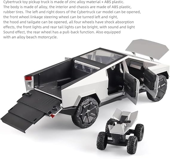 Swift Boy Toy Tesla Pickup Truck 1:24 Cyber Truck Die-cast Metal Model Car, with Sound and Light, Pull Back, Suitable for Children and Adults and Above as Birthday Gifts