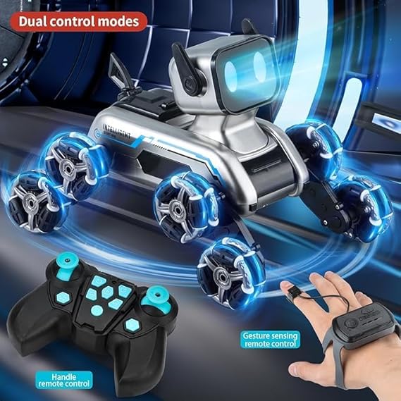 Dog Robot Remote Control 8WD Gesture Sensor Stunt RC Cars with Music & Light with 2 Rechargeable Batteries Toy Gift for Boys and Girls Age 5+, Control Watch Included