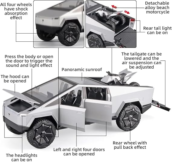 Swift Boy Toy Tesla Pickup Truck 1:24 Cyber Truck Die-cast Metal Model Car, with Sound and Light, Pull Back, Suitable for Children and Adults and Above as Birthday Gifts