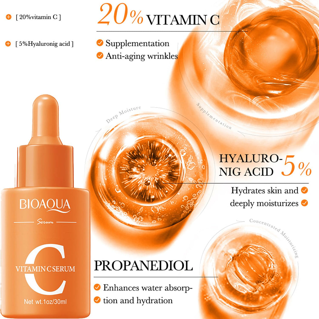 BIOAQUA Vitamin C Facial Serum Hyaluronic Acid Essence Anti-Aging Moisturizing Face Skin Care 30ml / 1fl.oz