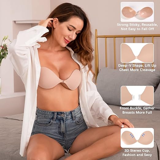 Adhesive Bra Strapless Sticky Push Up Backless Adhesive Invisible Silicone Bras for Women with Nipple Covers Sticky Boobs for Backless Dress