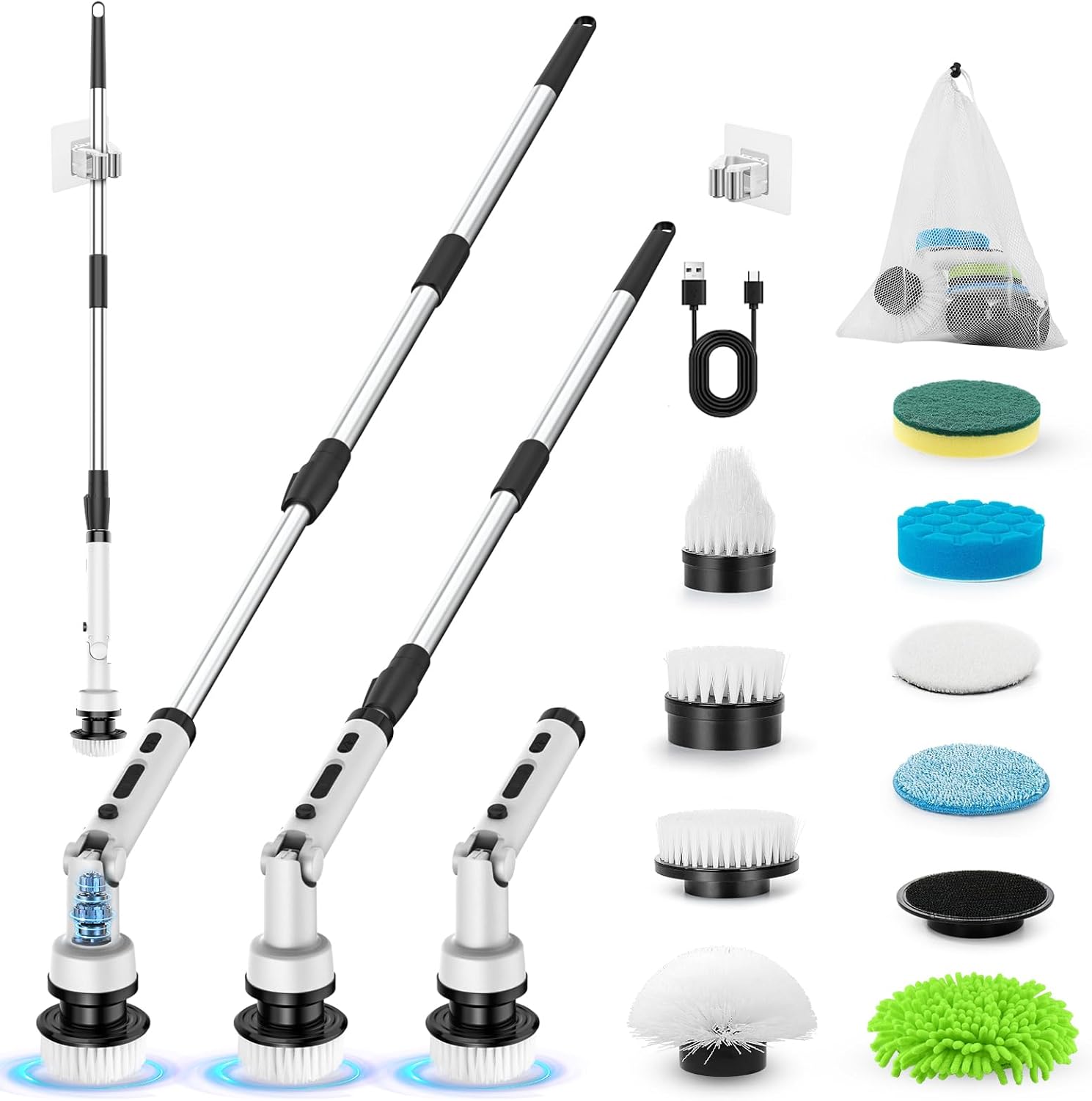 Electric Spin Scrubber Rechargeable Cleaning Brush, 9 Replaceable Brush Heads, Adjustable Angle and Extension Arm, Cordless Electric Cleaning Brush for Cleaning Tile, Window, Floor, Tub, Car