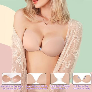 Adhesive Bra Strapless Sticky Push Up Backless Adhesive Invisible Silicone Bras for Women with Nipple Covers Sticky Boobs for Backless Dress
