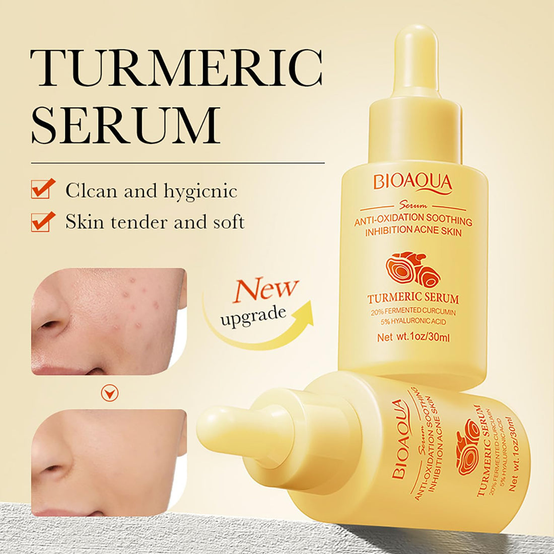 BIOAQUA Turmeric Facial Serum Anti-Oxidation Soothing Acne Skin Hyaluronic Acid Control Oil Moisturizing Face Skin 30ml / 1fl.oz