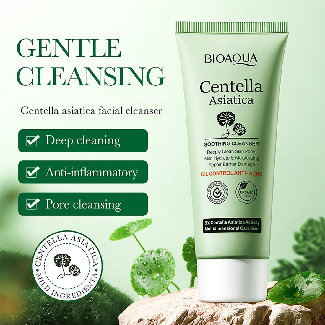 BIOAQUA Centella Asiatica Soothing Face Cleanser Oil Control Anti-Acne Deep Pore Clean Facial Hydrating Moisturizing 100g/3.5oz